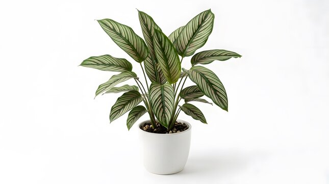 Potted calathea ornata plant with striated green leaves in a minimalist white ceramic pot container