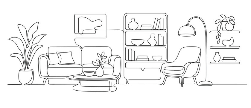 Modern living room interior with sofa, armchair, bookshelf, floor lamp and house plants vector continuous one line drawing illustration of cozy home furniture