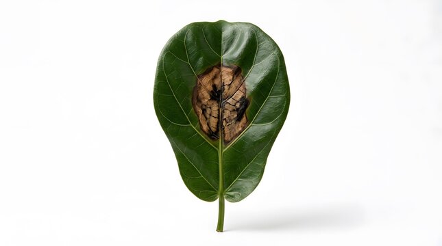 Single green fiddle leaf fig foliage with a large brown necrotic spot isolated on white surface