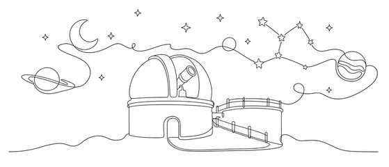 Continuous line drawing of an astronomical observatory with a telescope, planets, moon, and constellations in the night sky © Hikari Vector Studio