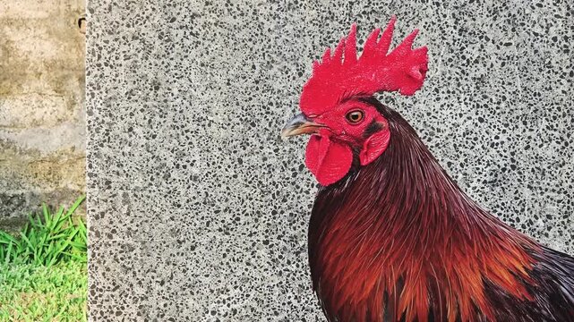 A close-up side profile of a rooster featuring a vibrant red comb and dark feathers against a textured stone wall background.