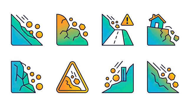 Natural disaster landslide rockslide debris flow icons set