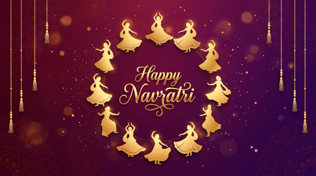Happy Navratri Greeting Banner with Golden Garba Dance Silhouettes Forming Circular Festival Design Background