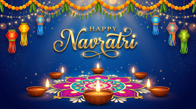 Happy Navratri Festival Greeting Banner with Colorful Rangoli, Diya Lamps and Decorative Lanterns Background