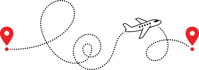 Minimalist airplane flight path with red map pins. Dotted line aircraft route vector. Travel destination tracking concept for tourism. © Angel