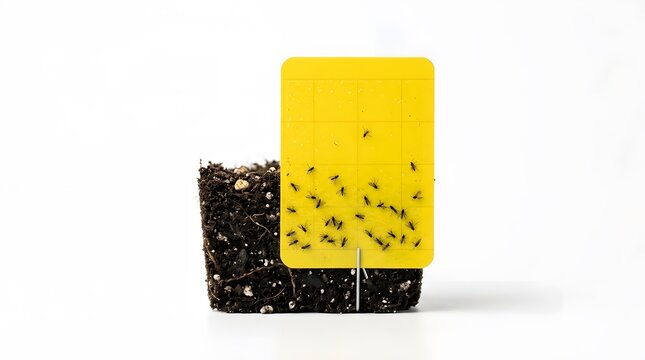 Yellow sticky trap inserted into potting soil for fungus gnat control in indoor houseplant care