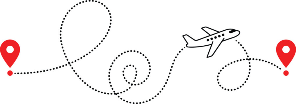 Minimalist airplane flight path with red map pins. Dotted line aircraft route vector. Travel destination tracking concept for tourism.