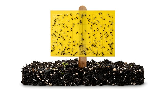 Yellow sticky trap card infested with fungus gnats stuck in dark potting soil medium