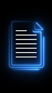 glowing neon blue Stack of white documents with red corner pages filled with written lines and thick outline glowing paperwork black background. 4k video