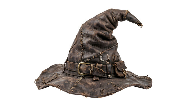 A weathered brown leather wizard hat with a decorative buckle isolated on transparent background