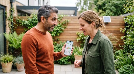Fototapeta premium Happy diverse couple tracking solar energy usage on smartphone in garden.