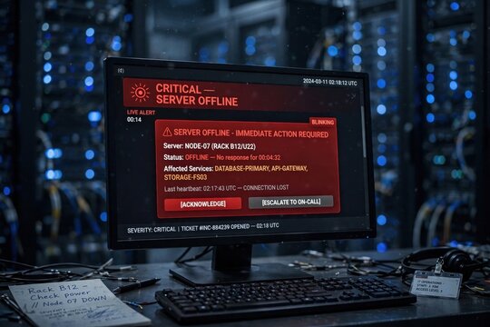Computer screen displaying critical server offline error message in a data center.
