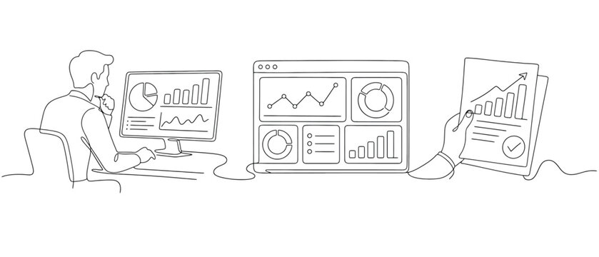 Continuous line drawing of a business analyst working on data analytics, financial charts, and performance reports on a computer and paper documents