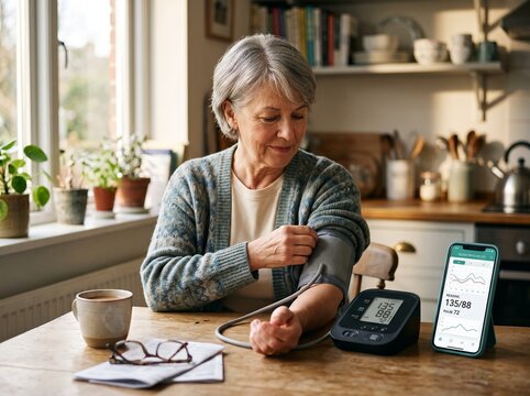 A woman sits at a table in her kitchen checking her blood pressure with a device. A phone displays health data while a cup of coffee sits nearby