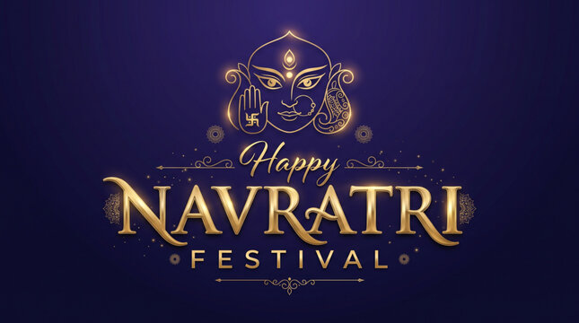 Elegant Happy Navratri Festival Typography with Goddess Durga Face Illustration on Dark Background Banner Design