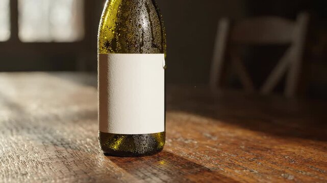Realistic mockup of a white wine bottle with a blank white label standing on a wooden table with soft sunlight shadows moving across the surface