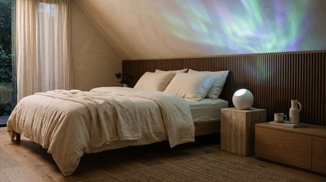 Modern bedroom with light projector illuminating northern lights on ceiling.