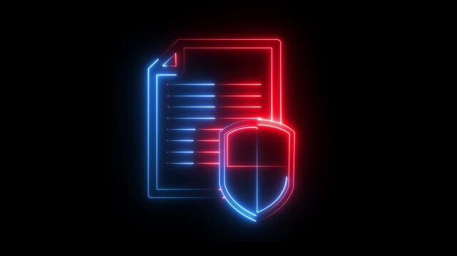glowing neon Document protection icon on black background. document security icon for digital protection concepts. Secure document icon animation. Confidential information and animation 4k video