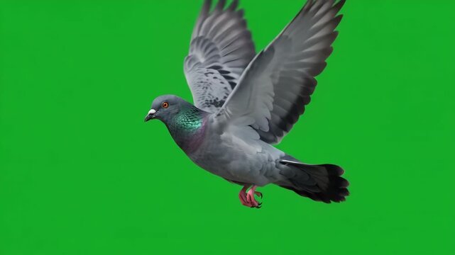 Realistic pigeon flying with wings flapping in slow motion against a bright green screen background for compositing