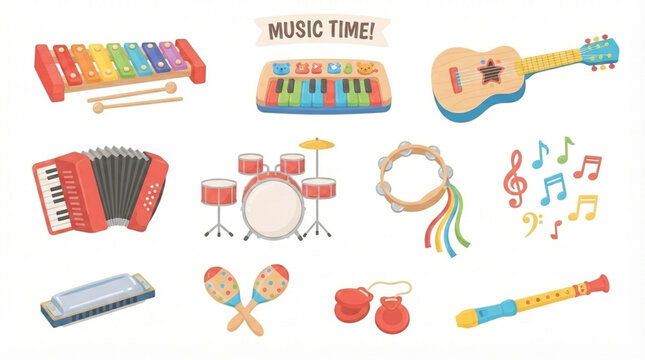 Colorful Kids Musical Instrument Collection Set with Xylophone, Toy Piano, Guitar, Accordion, Drum Kit, Tambourine, Recorder, Harmonica, Maracas and Music Notes Isolated on White