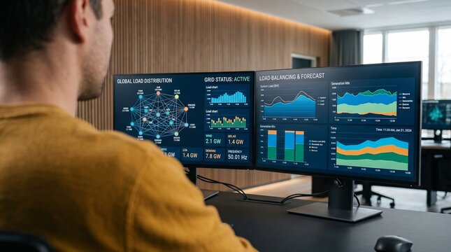 Man analyzing renewable energy smart grid data on dual monitors in modern office.