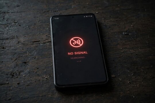 Smartphone Displaying No Signal Icon and Text on Dark Background.
