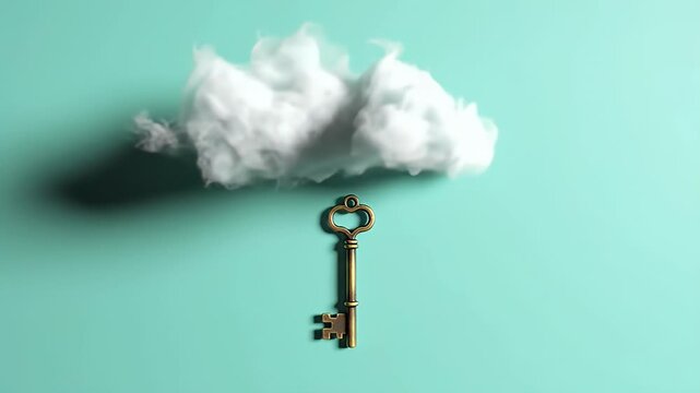 A vintage key hangs from a fluffy cloud against a teal background