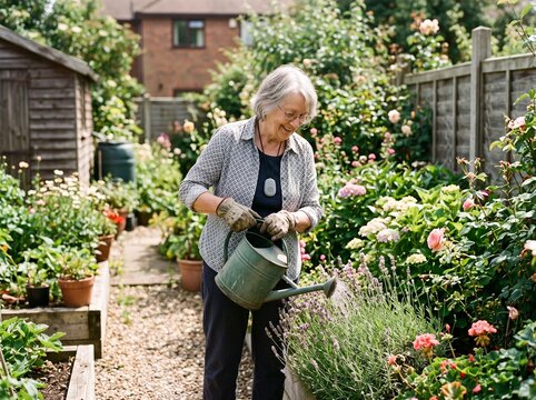 A person with gray hair waters flowers in a garden filled with colorful plants. The setting includes wooden structures and pots in a backyard with greenery
