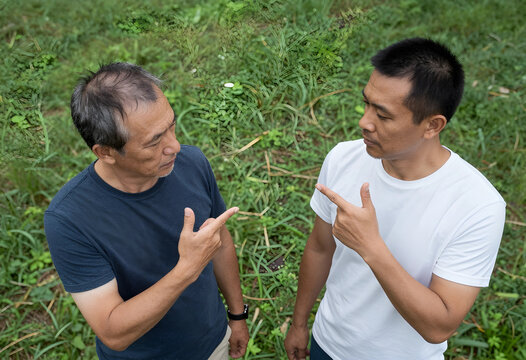 Two asian men pointing fingers at each other, conflict and disagreement concept, communication and relationship issues