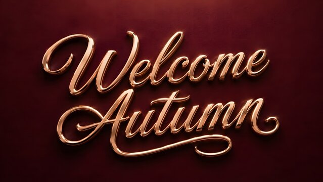 Welcome Autumn elegant 3D gold lettering, seasonal greeting typography on dark red background, luxury metallic script for fall celebrations