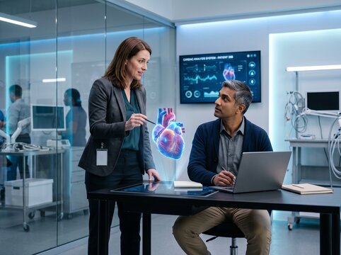 Two medical professionals are in a lab setting. One is showing a holographic heart model while the other is seated with a laptop. There are various medical devices in the background