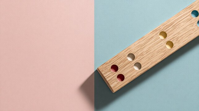 wooden cribbage board minimal composition, pastel background