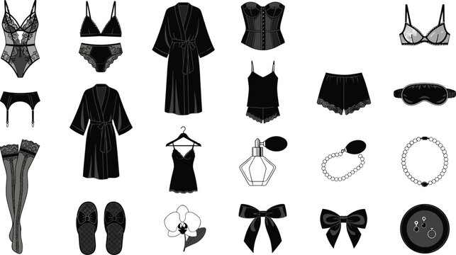 Women's Lingerie and Nightwear Collection with Bras, Robes, Bodysuits, Stockings, Accessories, and Fashion Apparel Vector Se
