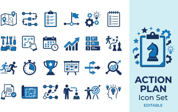 Action plan and business strategy solid icon set. Includes symbols for Workflow, Milestone, Execution, and Delegate. Solid vector icons for project management and corporate sprint.