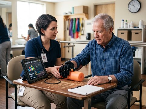 A health worker helps an elderly man during a rehabilitation session. They are in a therapy room with equipment and other patients nearby. The session focuses on mobility and strength