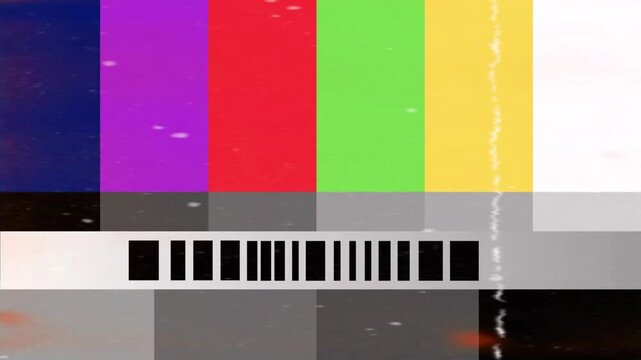 Abstract visual of vintage broadcast signal interference, displaying colorful television test pattern bars. 4K video