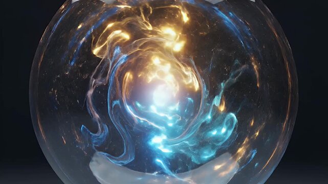 A glowing, swirling orb of vibrant energy, contained within a clear sphere