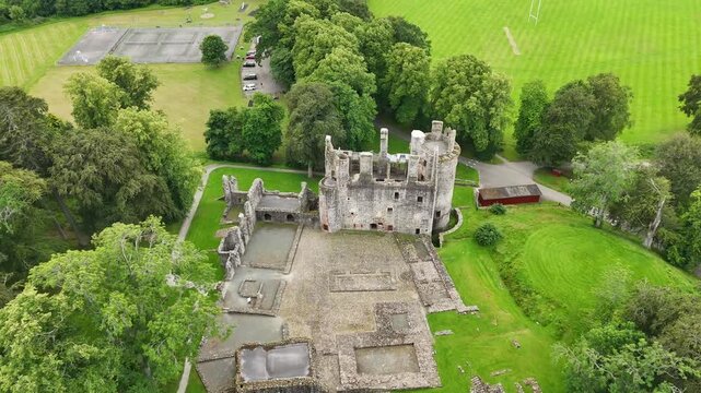 Huntly Castle Medieval Fortress in Aberdeenshire Scotland UK, Historic 12th Century Noble Residence, Aerial Drone Cinematic Footage
