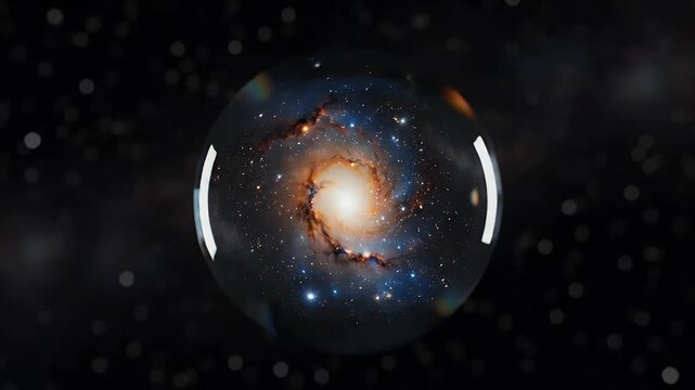 A vibrant spiral galaxy with a glowing core, seen through a celestial lens