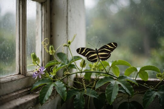 Zebra Butterfly Perched on Green Plant by Old Window.