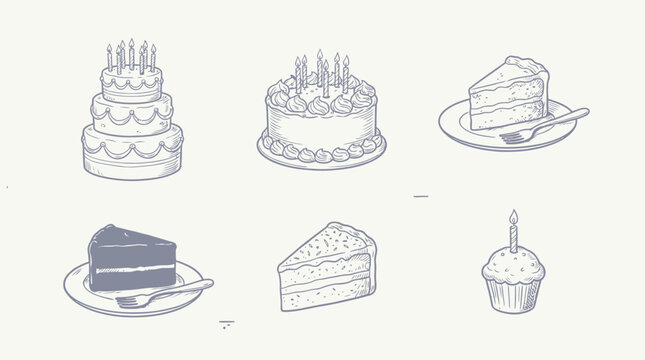 Naive doodle vector illustration of festive birthday cake and delicious cake slice featuring candle and sprinkle, artistic style isolated on a plain white background.