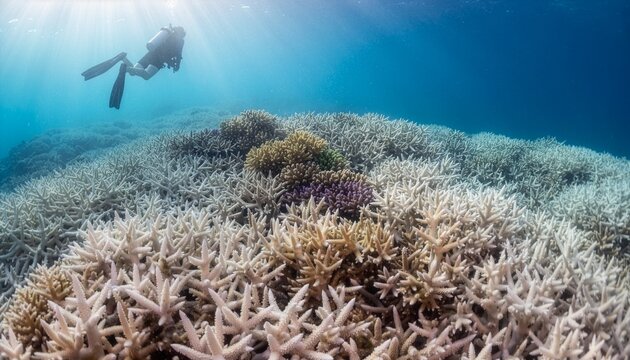 Scuba diver swimming above a massive bleached coral reef in clear blue water with sunbeams, illustrating the harsh impact of climate change.