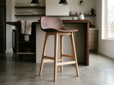 Modern bar stool with wooden legs and dark grey fabric seat in a stylish kitchen interior