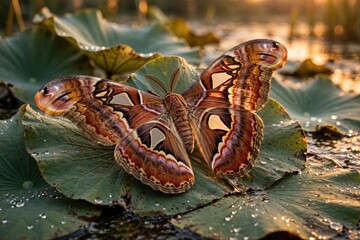 Fototapeta premium Giant Atlas Moth Resting on a Wet Lotus Leaf at Sunrise.
