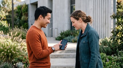 Naklejka premium Diverse business colleagues analyzing data on smartphone outside modern office.