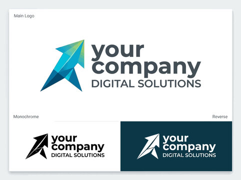 A modern digital solutions company logo featuring an upward-pointing geometric arrow in blue and green, presented in color, monochrome, and reverse versions.