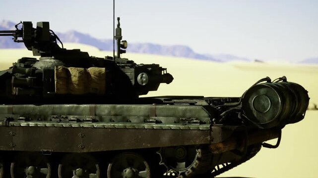 Close perspective on turret systems and mounted optics, rugged components framed by pale dunes and mountain line, conveys technical readiness and fieldhardened