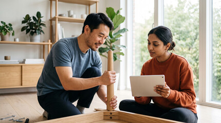 Obraz premium Diverse young couple assembling wooden furniture with tablet at home.