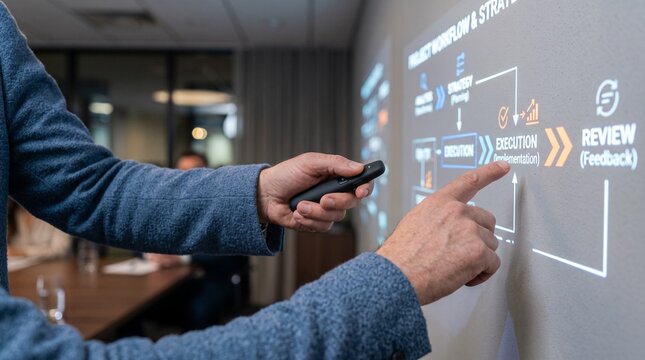 Businessman pointing at project workflow diagram on wall during office presentation.