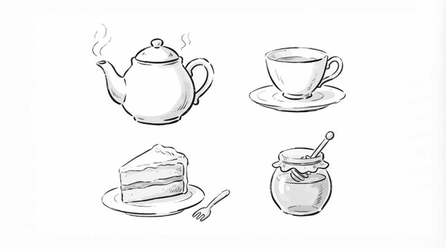 Elegant Hand Drawn Sketch Vector Illustration of a Classic Porcelain Tea Set Featuring a Teapot Cup and Delicious Slice of Gourmet Cake Isolated on Plain White Background